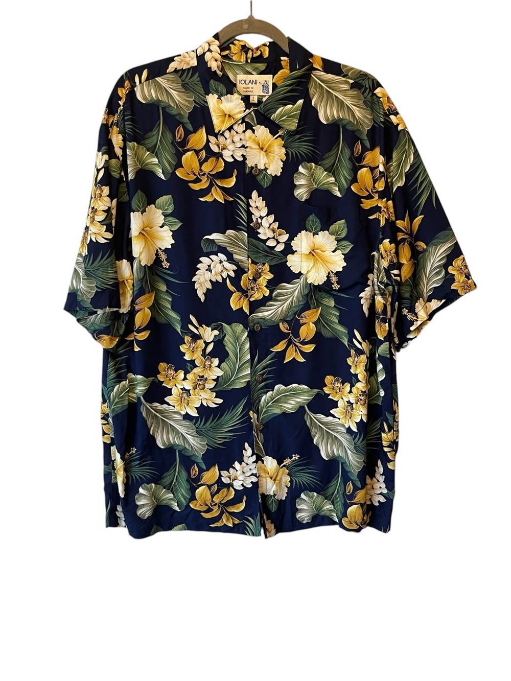 Iolani Vintage Hawaiian button up shirt Large Blue floral tropical Mens Vacation
